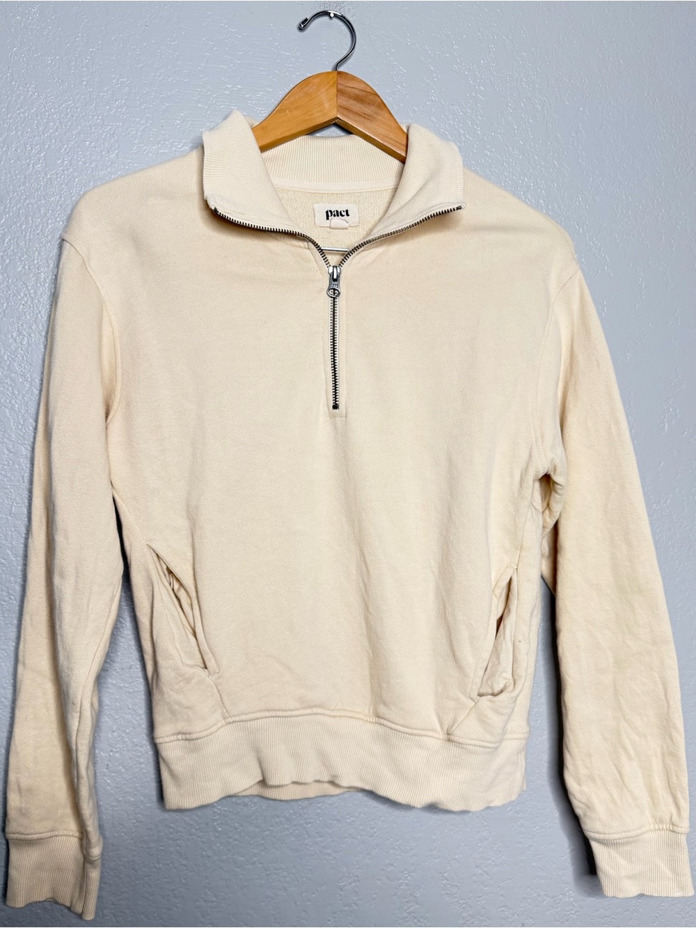 Pact Organic Cotton 1/4 Zip Pullover Jacket Sweatshirt sandshell sz xs